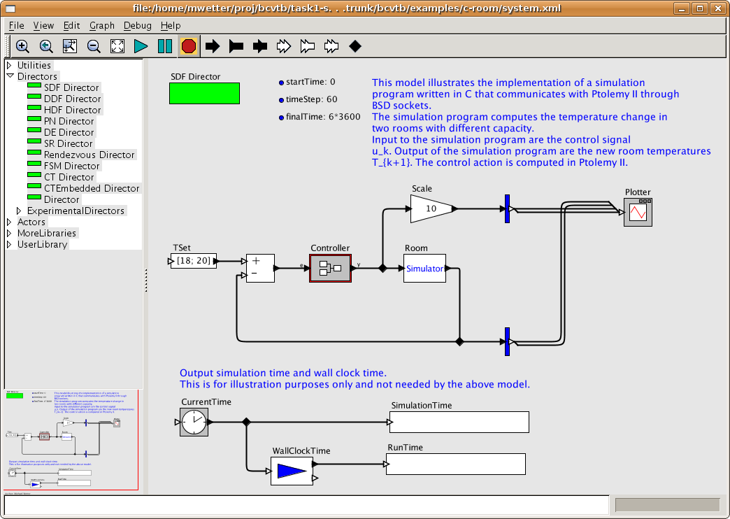 System model that links Ptolemy II to a room model that is implemented in the C language.