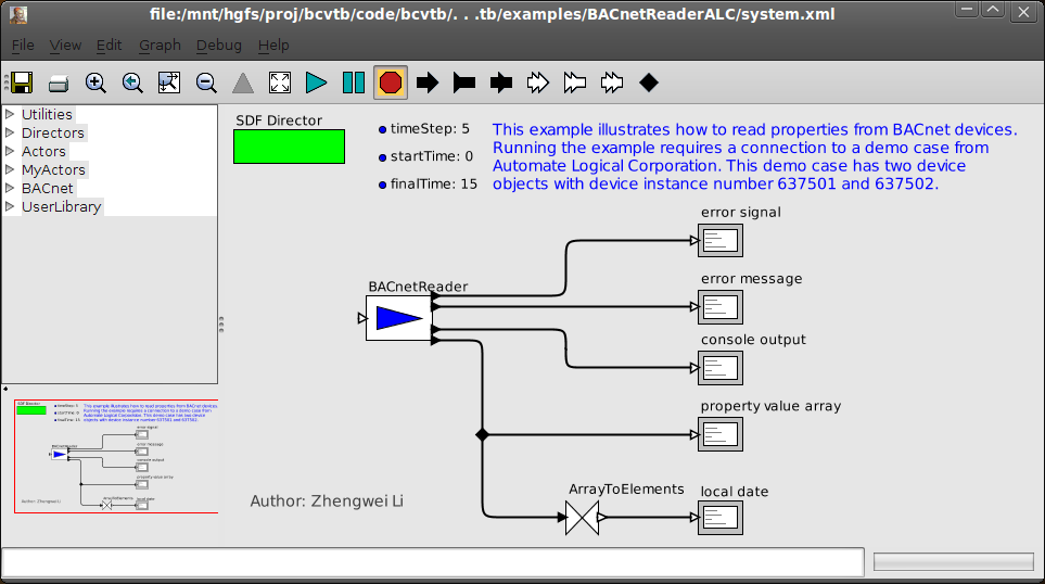 Ptolemy II system model that uses the BACnetReader actor.