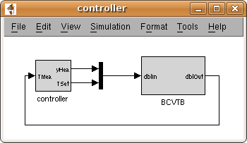 Simulink block diagram that links the controller with the block that communicates with Ptolemy II.