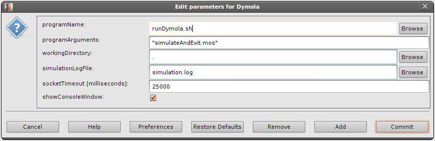 Configuration of the Simulator actor that calls Dymola on Linux.