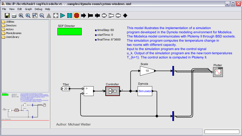 Ptolemy II system model that links a model of a controller with the Simulator actor that communicates with the Modelica modeling and simulation environment Dymola.