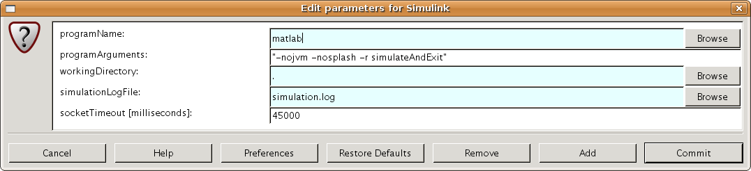 Configuration of the Simulator actor that calls MATLAB on Linux.