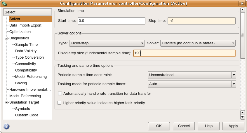 Configuration of the Simulink solver.