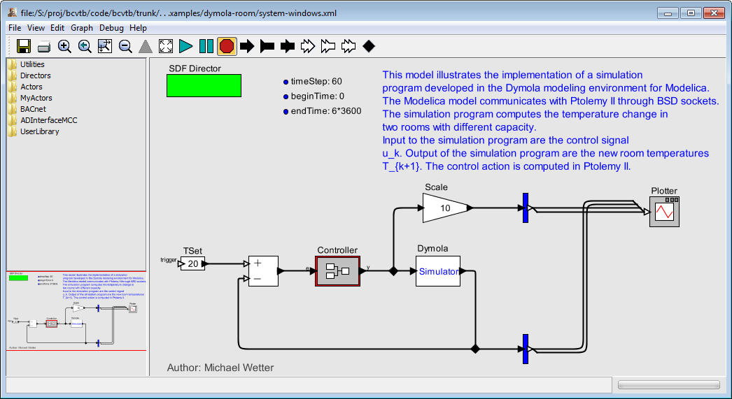 Ptolemy II system model that links a model of a controller with the Simulator actor that communicates with the Modelica modeling and simulation environment Dymola.