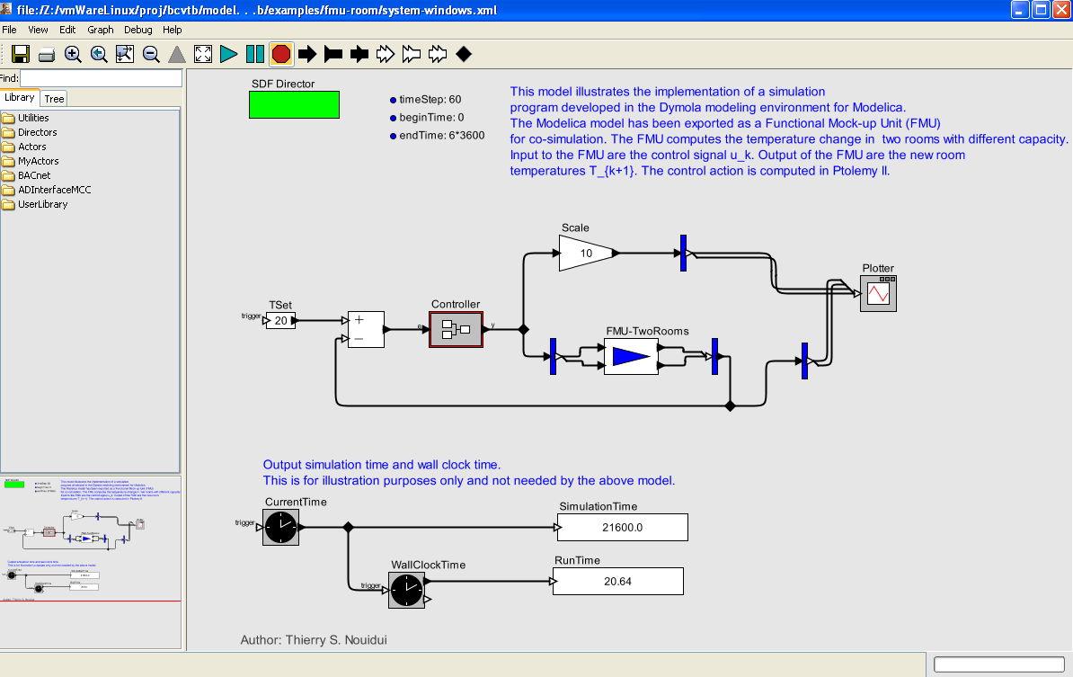 Ptolemy II system model that links a model of a controller with the FMU for co-simulation.
