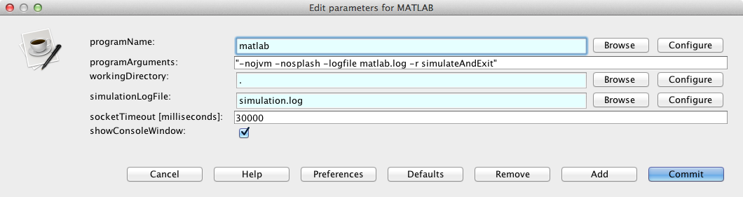 Configuration of the Simulator actor that calls MATLAB on Mac OS X.