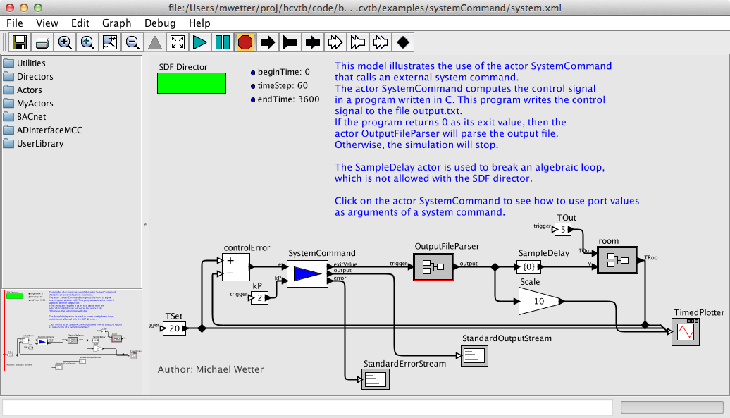 Ptolemy II system model that links the SystemCommand actor, which calls a C program to compute the new room temperature, with actors that parse output files and compute the room temperature.