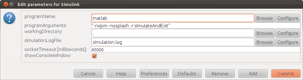 Configuration of the Simulator actor that calls MATLAB on Linux.