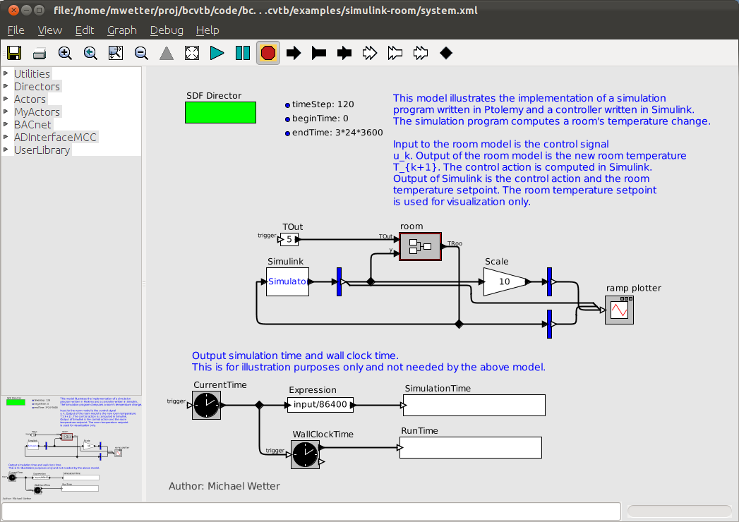 Ptolemy II system model that links the Simulator actor that communicates with MATLAB with an actor that computes the room temperature and with an actor that plots the results as the simulation progresses.