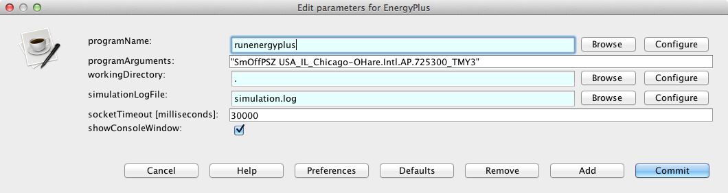 Configuration of the Simulator actor that calls EnergyPlus on Mac OS X.