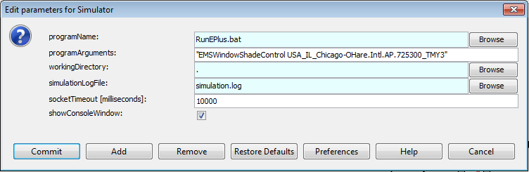 Configuration of the Simulator actor that calls EnergyPlus on Windows.