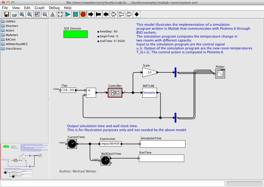 Ptolemy II system model that links an actor that computes a control signal with the Simulator actor that communicates with MATLAB.