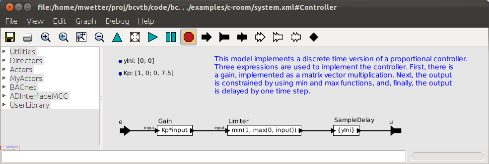 Implementation of the controller with the SampleDelay actor that delays its output by one sampling interval. This delay eliminates an algebraic loop, which is not allowed with the SDF director.