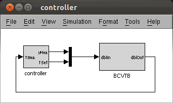 Simulink block diagram that links the controller with the block that communicates with Ptolemy II.